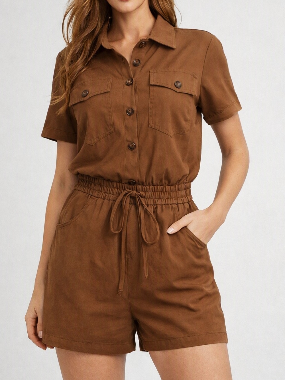 SHEIN Brown Short-Sleeve Button-Front Romper